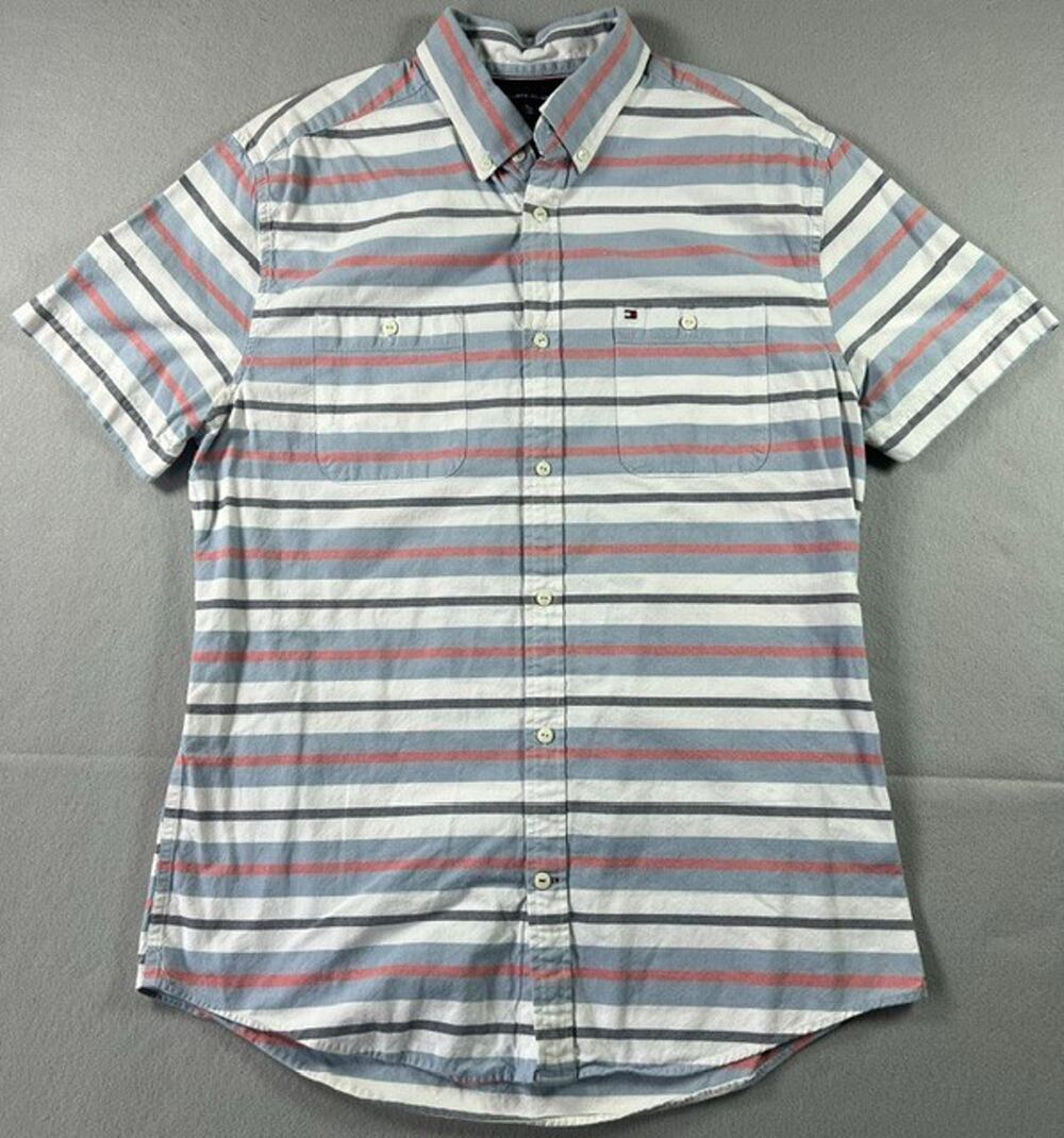 Tommy Hilfiger Men’s Custom Fit Short Sleeve Striped Button-Down Shirt Cotton XL